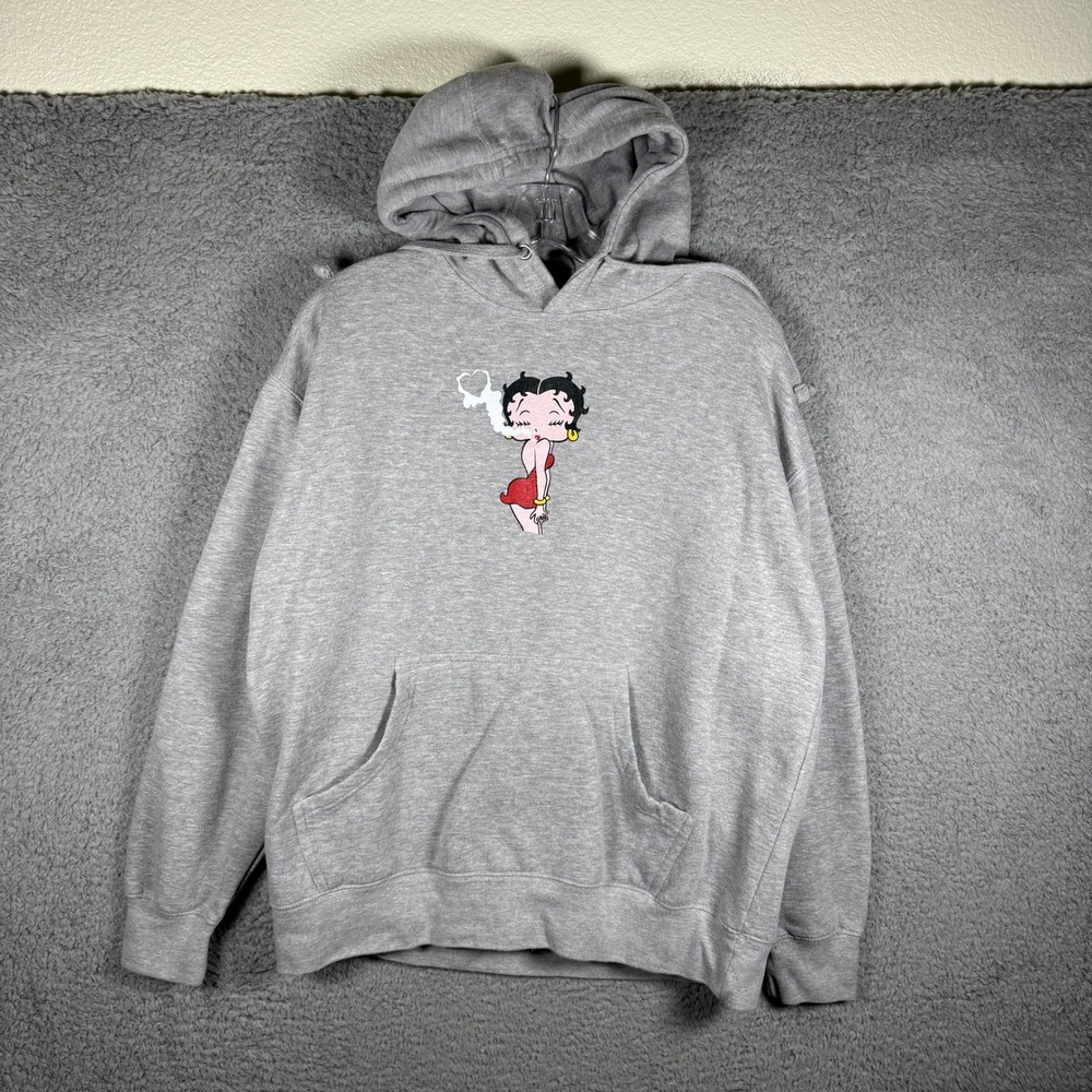 Betty Boop Graphic Hoodie Grey Heather Heart Smoke Pullover‎ Large Y2K 2000s